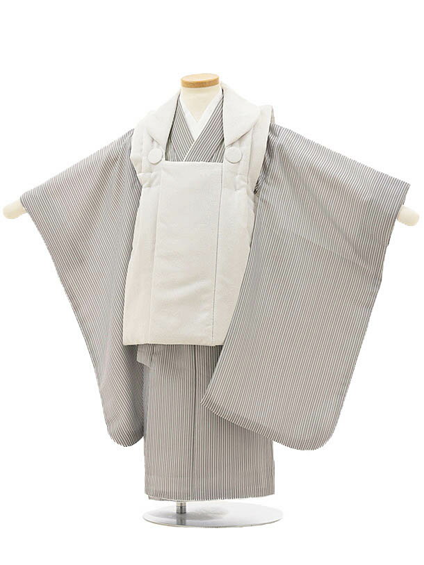 七五三レンタル(3歳男の子/被布) 3257/ライトグレー×薄茶ストライプ レンタル 七五三 子供和装 被布コート 貸衣装☆新品足袋プレゼント☆fy16REN0...