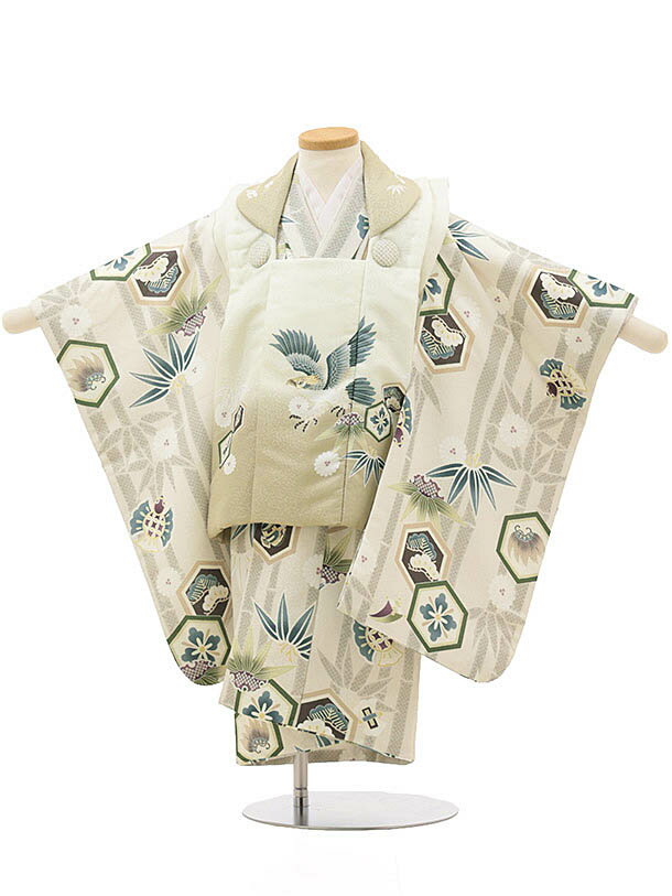 七五三レンタル(3歳男の子/被布) 3261/ライトブラウンぼかし 鷹×生成色 竹笹松 レンタル 七五三 子供和装 被布コート 貸衣装☆新品足袋プレゼント☆fy...