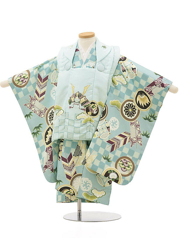 七五三レンタル(3歳男の子/被布) 3264/薄水色兜×水色地 宝尽くし レンタル 七五三 子供和装 被布コート 貸衣装☆新品足袋プレゼント☆fy16REN07...