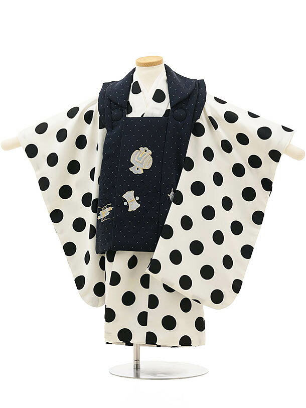 七五三レンタル(3歳男の子/被布) 3266/紺 小槌×白地 黒水玉 レンタル 七五三 子供和装 被布コート 貸衣装☆新品足袋プレゼント☆fy16REN07【レ...