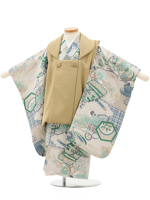 七五三レンタル(3歳男の子/被布) 3274 薄茶×グレー 兜 松 レンタル 七五三 子供和装 被布コート 貸衣装☆新品足袋プレゼント☆fy16REN07【レン...