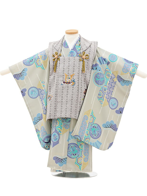 七五三 レンタル (3歳男の子/被布) 3287/グレー兜×ベージュ 吉祥文様 レンタル 七五三 子供和装 被布コート 貸衣装☆新品足袋プレゼント☆fy16RE...