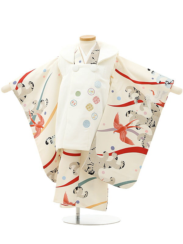 七五三(3歳男の子/被布)A31F/白 刺繍花×アイボリー地 鳥 レンタル 七五三 子供和装 被布コート 貸衣装☆新品足袋プレゼント☆fy16REN07【レンタ...