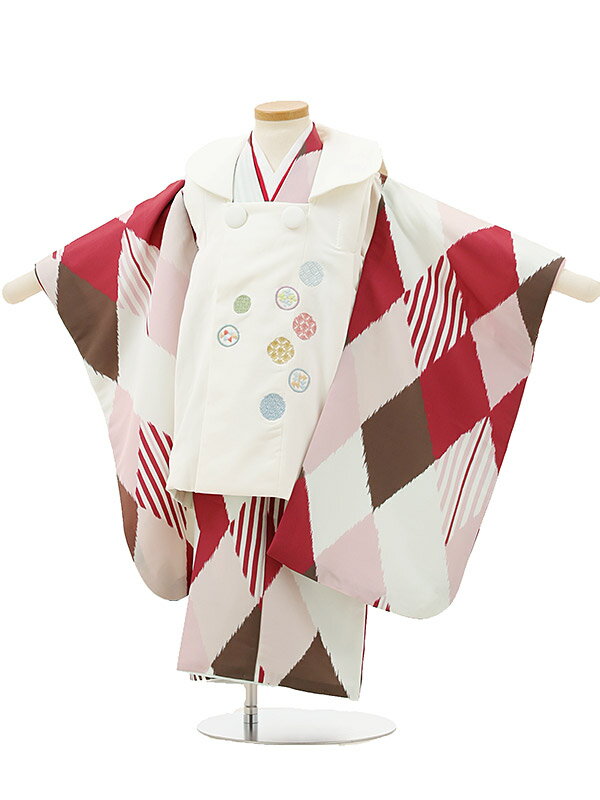 七五三レンタル(3歳男の子/被布)A31G/白 刺繍花×ベージュ地菱文様 レンタル 七五三 子供和装 被布コート 貸衣装☆新品足袋プレゼント☆fy16REN07...