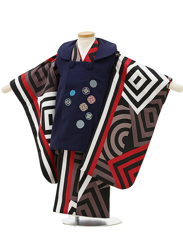 七五三レンタル(3歳男の子/被布)A31H/紺 刺繍花×黒地赤幾何学模様 レンタル 七五三 子供和装 被布コート 貸衣装☆新品足袋プレゼント☆fy16REN07...