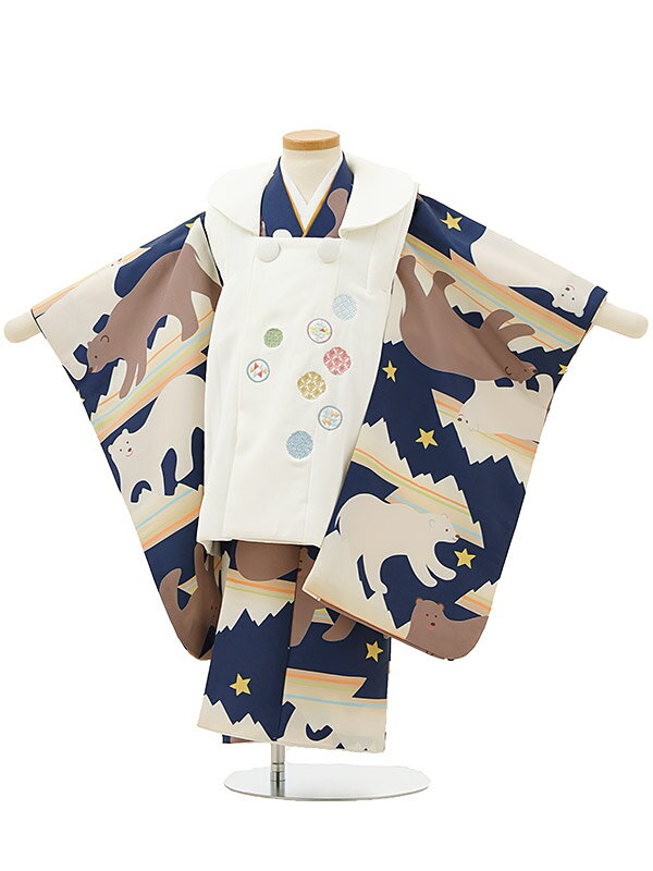 七五三レンタル(3歳男の子/被布)A31I/白 刺繍花×紺地 クマ レンタル 七五三 子供和装 被布コート 貸衣装☆新品足袋プレゼント☆fy16REN07【レン...