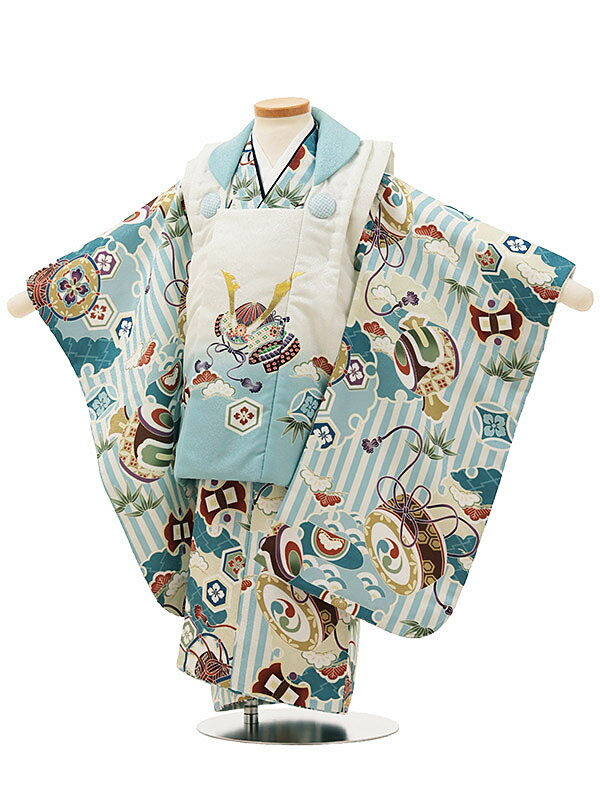 七五三レンタル(3歳男の子/被布)A31X/オフホワイト兜×青ストライプ小槌 レンタル 七五三 子供和装 被布コート 貸衣装☆新品足袋プレゼント☆fy16REN...