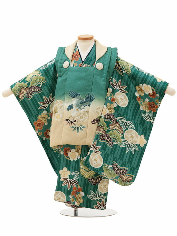 七五三 レンタル 3歳 男の子 被布 A32B/深緑 鷹×深緑矢羽根 松竹梅 レンタル 七五三 子供和装 被布コート 貸衣装☆新品足袋プレゼント☆fy16REN...