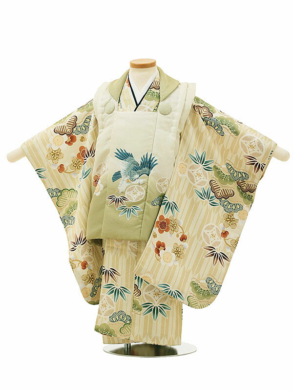 七五三 レンタル 3歳 男の子 被布 A32D/薄黄緑 鷹×カーキ 矢羽根 松竹梅 レンタル 七五三 子供和装 被布コート 貸衣装☆新品足袋プレゼント☆fy16...