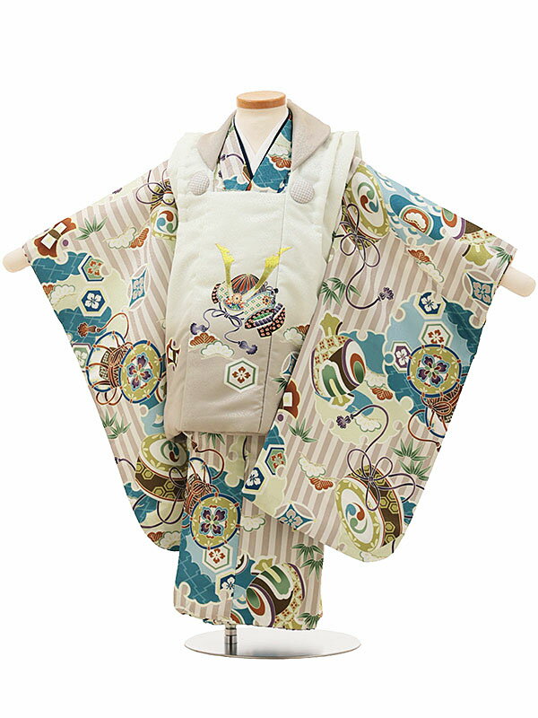 七五三 レンタル 3歳 男の子 被布 A32F/クリーム 兜×薄茶ストライプ 小槌 レンタル 男の子 3歳 七五三 子供和装 被布コート 貸衣装☆新品足袋プレゼ...