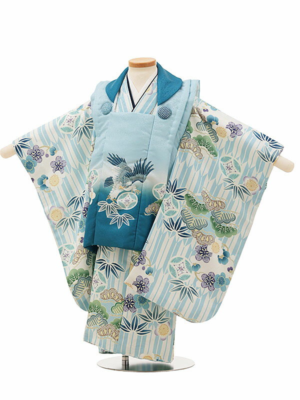 七五三 レンタル 3歳 男の子 被布 A32G/水色 鷹×水色矢羽根 松竹梅 レンタル 七五三 子供和装 被布コート 貸衣装☆新品足袋プレゼント☆fy16REN...