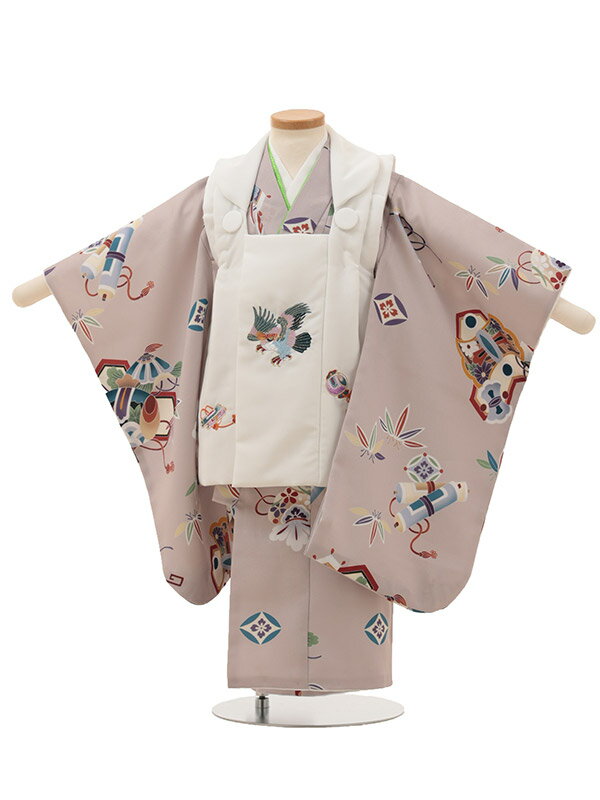 七五三 レンタル 3歳 男の子 被布 A32K/白 鷹×ベージュ 小槌 レンタル 七五三 子供和装 被布コート 貸衣装☆新品足袋プレゼント☆fy16REN07【...