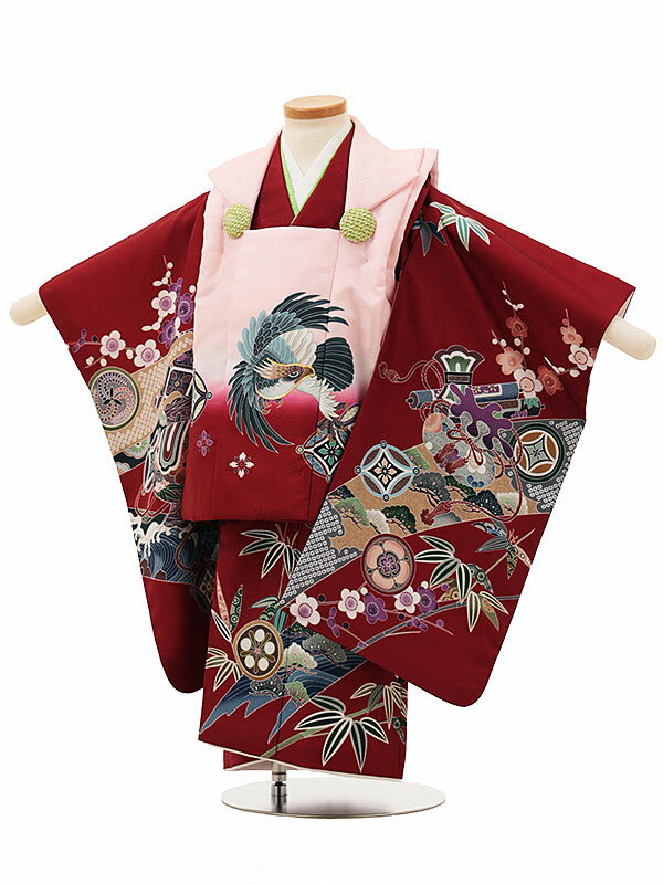 七五三レンタル(2歳男児/被布)A32W/ピンクぼかし鷹×えんじ 吉祥文様|レンタル|2歳|男児|753 着物 2歳|男の子|着物|七五三【レンタル】