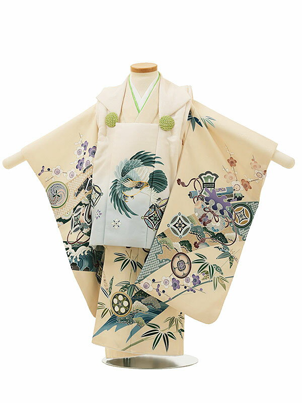 七五三 レンタル 3歳 男の子 被布 A33B/クリーム ぼかし鷹×ベージュ 吉祥文様 レンタル 七五三 子供和装 被布コート 貸衣装☆新品足袋プレゼント☆fy...