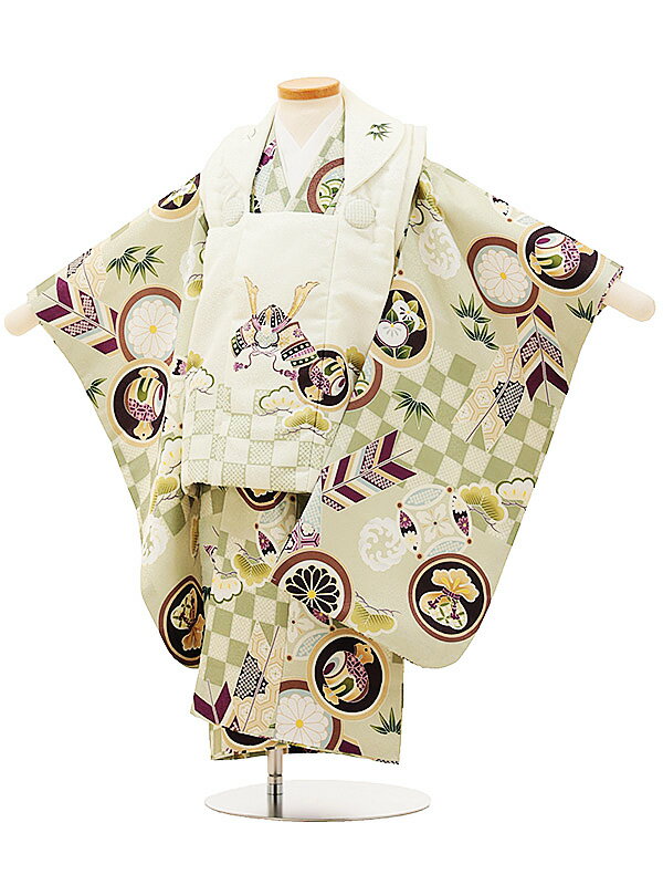 七五三 レンタル 3歳 男の子 被布 A33E/白緑 兜×オリーブ色 宝尽くし レンタル 七五三 子供和装 被布コート 貸衣装☆新品足袋プレゼント☆fy16RE...