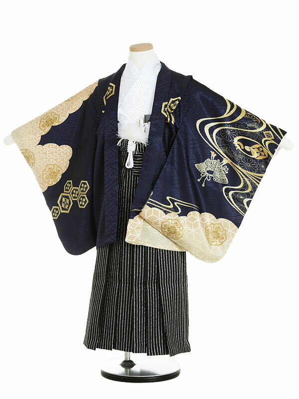 かんたん七五三 5歳 男の子 袴 着物レンタル（男児）A56U/紺 金 鷹 流水×シルバーストライプ袴 5歳 七五三 753 卒園式 袴 男の子 七五三 着物 男の子 フルセット レンタル 5歳 男の子 着物 袴セット はかま 袴 男児 貸衣装 往復送料無料 【レンタル】