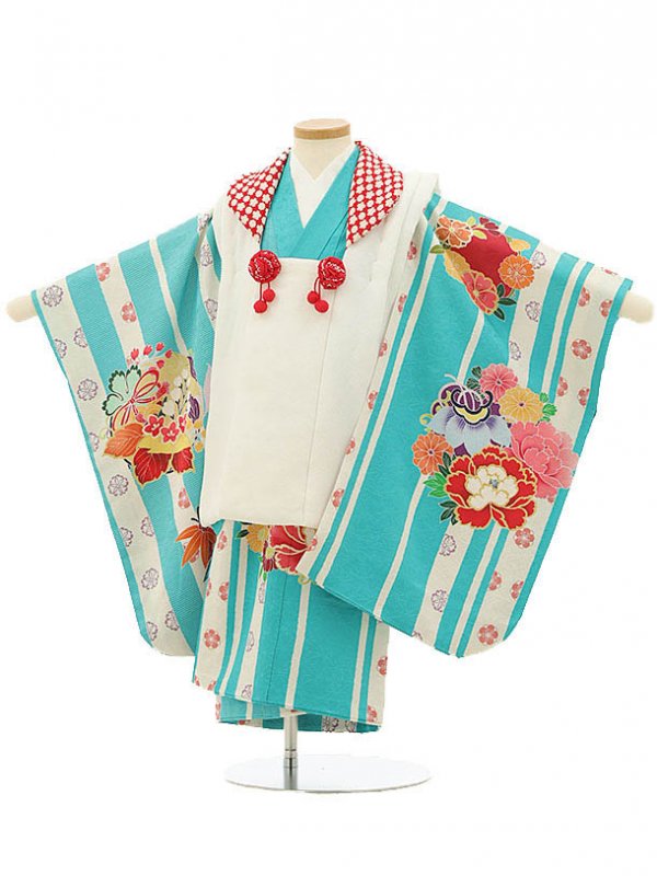 七五三 着物 レンタル 3歳 女の子 被布 セット 3歳の着物レンタル(女の子)3106白×水色地 ストライブ 牡丹レンタル 3歳 女児 被布 七五三 753 ...