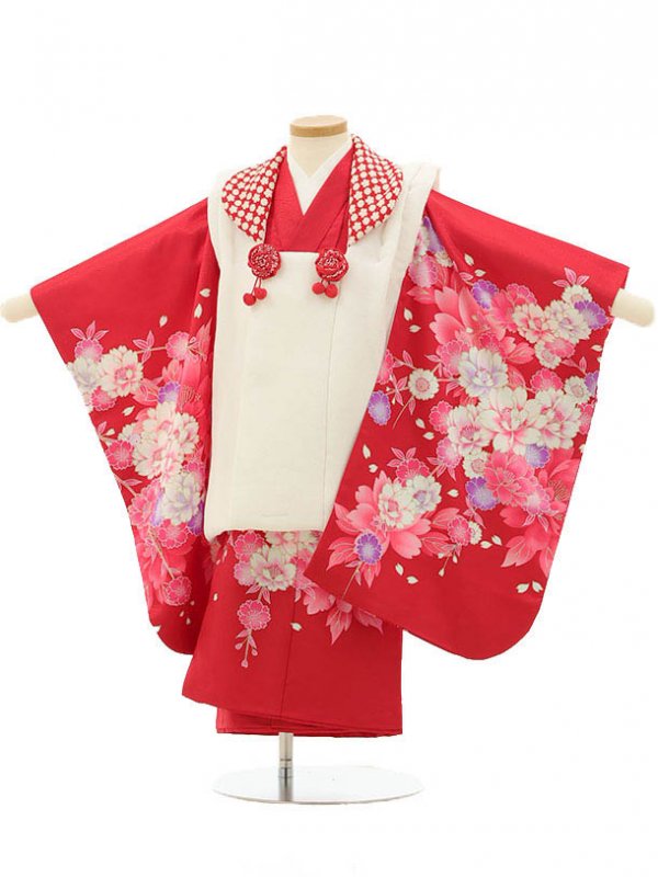 七五三 着物 レンタル 3歳 女の子 被布 セット 3歳の着物レンタル(女の子)3108白×赤地 桜レンタル 3歳 女児 被布 七五三 753 着物 三 女の子...