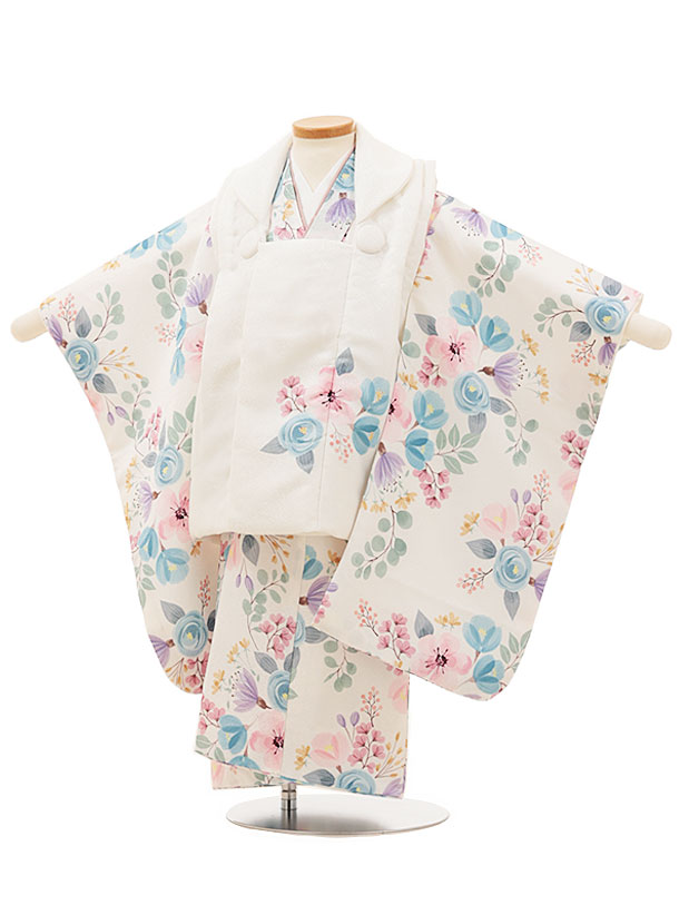 七五三(3歳女児被布)3115 ホワイト洋花×ホワイト洋花 レンタル 3歳 女児 被布 七五三 753 着物 三 女の子 着物 お祝い着 3才 きものレンタル おんなのこ 新品足袋プレゼント 被布コート fy16REN07【レンタル】