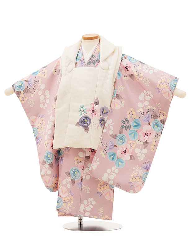 七五三(3歳女児被布)3117 オフホワイト洋花×ピンク 洋花 レンタル 3歳 女児 被布 七五三 753 着物 三 女の子 着物 お祝い着 3才 きものレンタ...