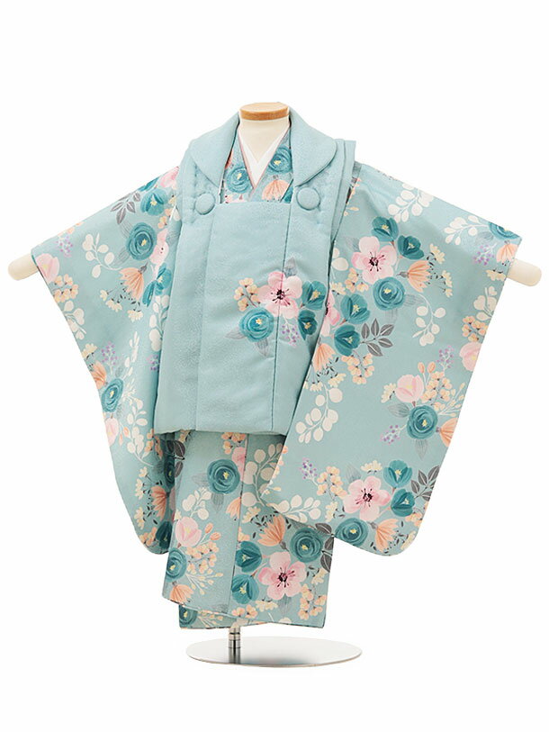 七五三(3歳女児被布)3118 水色 洋花×水色 洋花 レンタル 3歳 女児 被布 七五三 753 着物 三 女の子 着物 お祝い着 3才 きものレンタル おん...