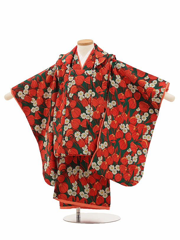 七五三(3歳女児被布) 3123 【germer】 赤チューリップ レンタル 3歳 女児 被布 七五三 753 着物 三 女の子 着物 お祝い着 3才 きものレ...