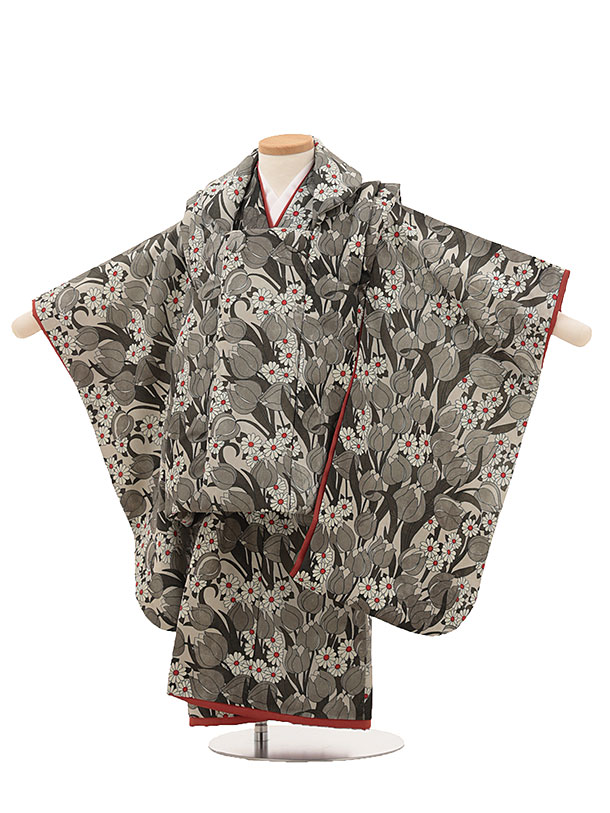 七五三(3歳女児被布) 3125 【germer】 グレーチューリップレンタル 3歳 女児 被布 七五三 753 着物 三 女の子 着物 お祝い着 3才 きもの...