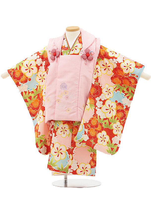 七五三(3歳女児被布) 3130 ピンク 蝶 花×赤地 ねじり梅 レンタル 3歳 女児 被布 七五三 753 着物 三 女の子 着物 お祝い着 3才 きものレン...