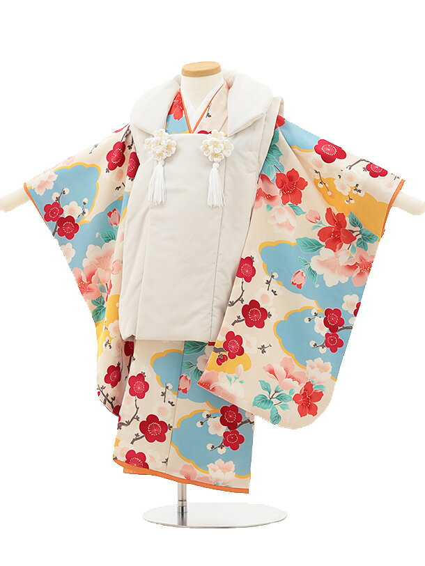 七五三(3歳女児被布) 3132 オフホワイト×ベージュ地 梅 レンタル 3歳 女児 被布 七五三 753 着物 三 女の子 着物 お祝い着 3才 きものレンタル おんなのこ 新品足袋プレゼント 被布コート fy16REN07【レンタル】