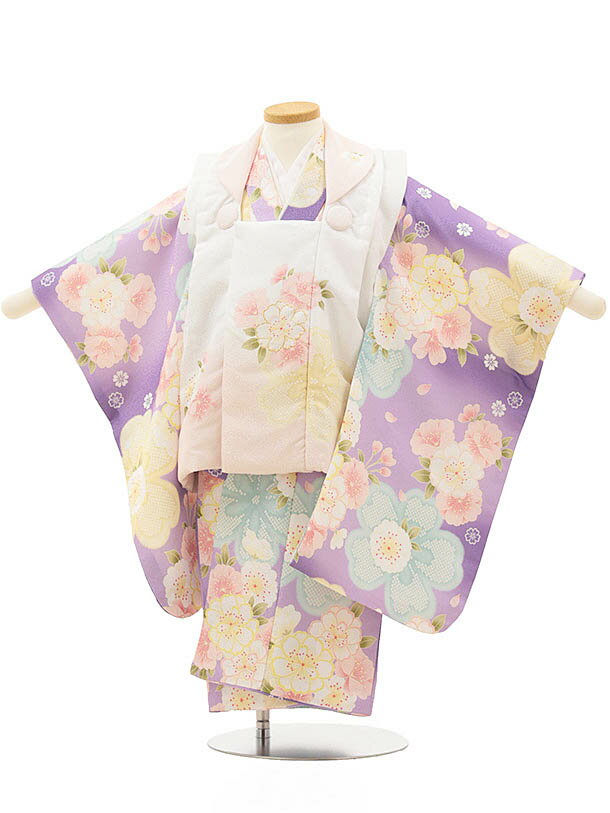 七五三(3歳女児被布) 3140 白ぼかし薄ピンク桜×紫地 桜 レンタル 3歳 女児 被布 七五三 753 着物 三 女の子 着物 お祝い着 3才 きものレンタ...