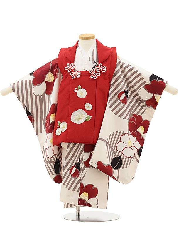 七五三(3歳女児被布) 3143 赤 椿×オフホワイト 椿レンタル 3歳 女児 被布 七五三 753 着物 三 女の子 着物 お祝い着 3才 きものレンタル お...