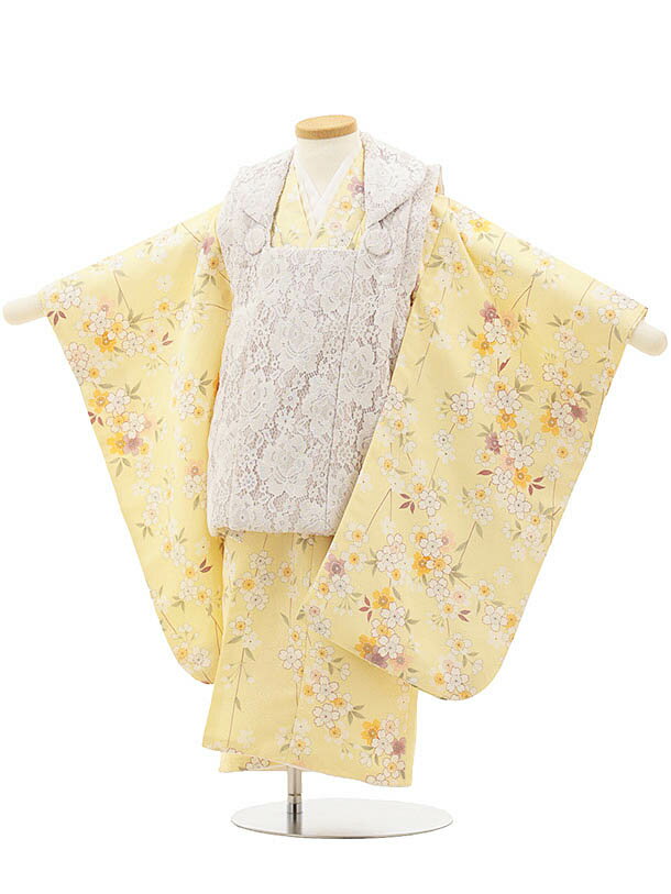 七五三(3歳女児被布) 3151 レース×薄黄色地 桜レンタル 3歳 女児 被布 七五三 753 着物 三 女の子 着物 お祝い着 3才 きものレンタル おんな...