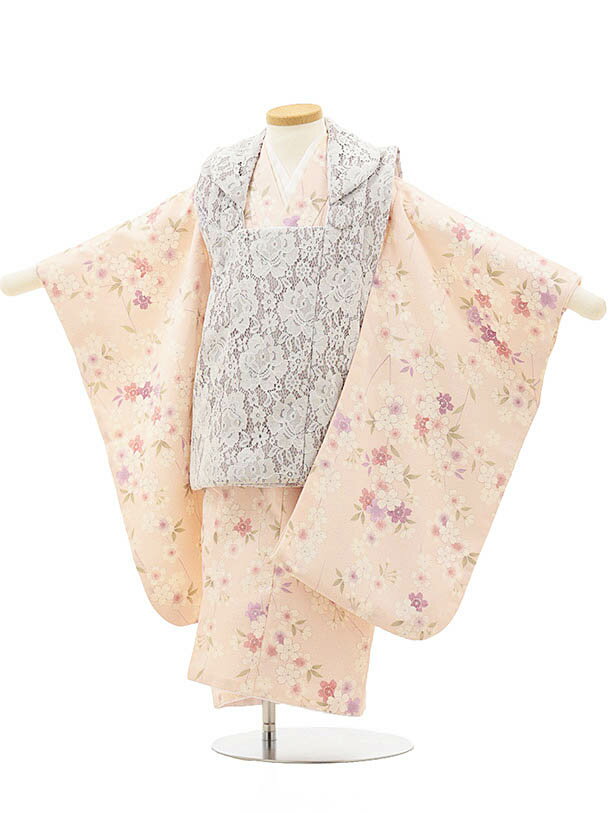 七五三(3歳女児被布) 3152 レース×薄ピンク桜レンタル 3歳 女児 被布 七五三 753 着物 三 女の子 着物 お祝い着 3才 きものレンタル おんなの...