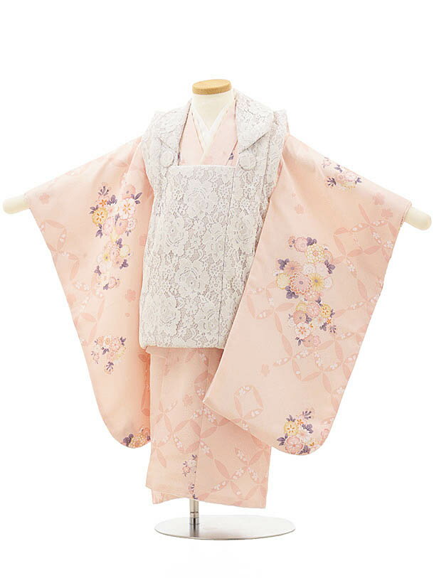 七五三(3歳女児被布) 3153 レース×薄ピンク 七宝 桜レンタル 3歳 女児 被布 七五三 753 着物 三 女の子 着物 お祝い着 3才 きものレンタル ...
