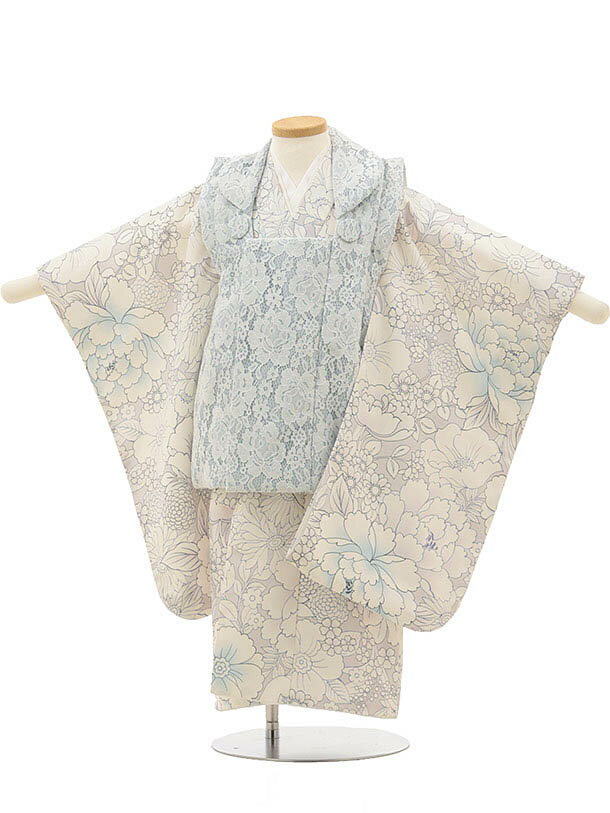 七五三(3歳女児被布) 3156 レース×ライトパープル花レンタル 3歳 女児 被布 七五三 753 着物 三 女の子 着物 お祝い着 3才 きものレンタル お...