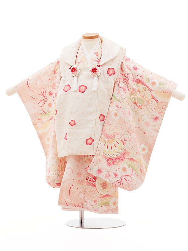 七五三(3歳女児被布) 3165 華徒然 白×ライトピンク桜鞠 レンタル 3歳 女児 被布 七五三 753 着物 三 女の子 着物 お祝い着 3才 きものレンタ...
