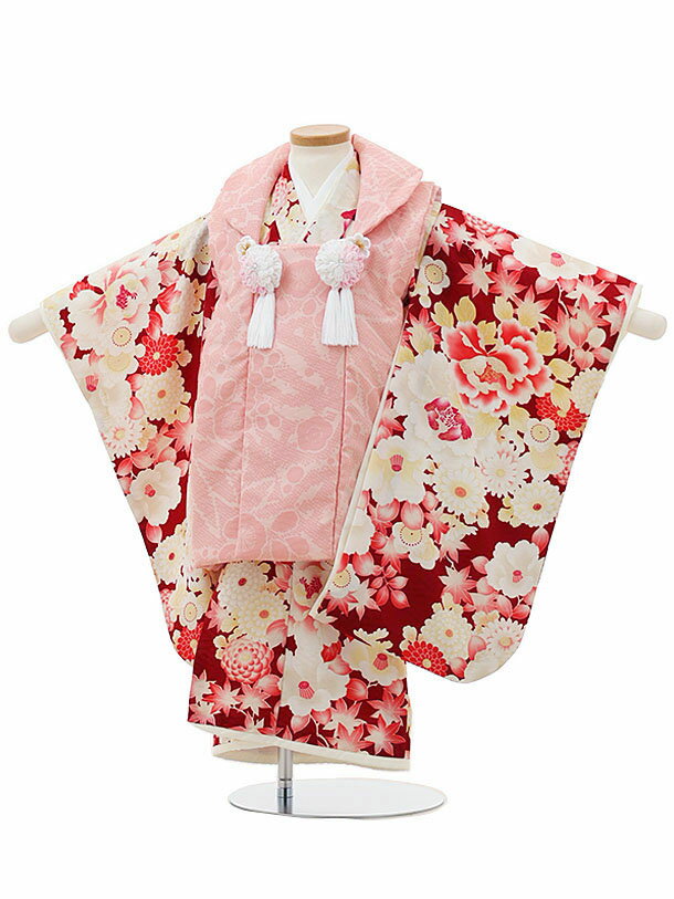 七五三(3歳女児被布) 3166 華徒然 ピンク梅×赤 牡丹 椿 レンタル 3歳 女児 被布 七五三 753 着物 三 女の子 着物 お祝い着 3才 きものレン...