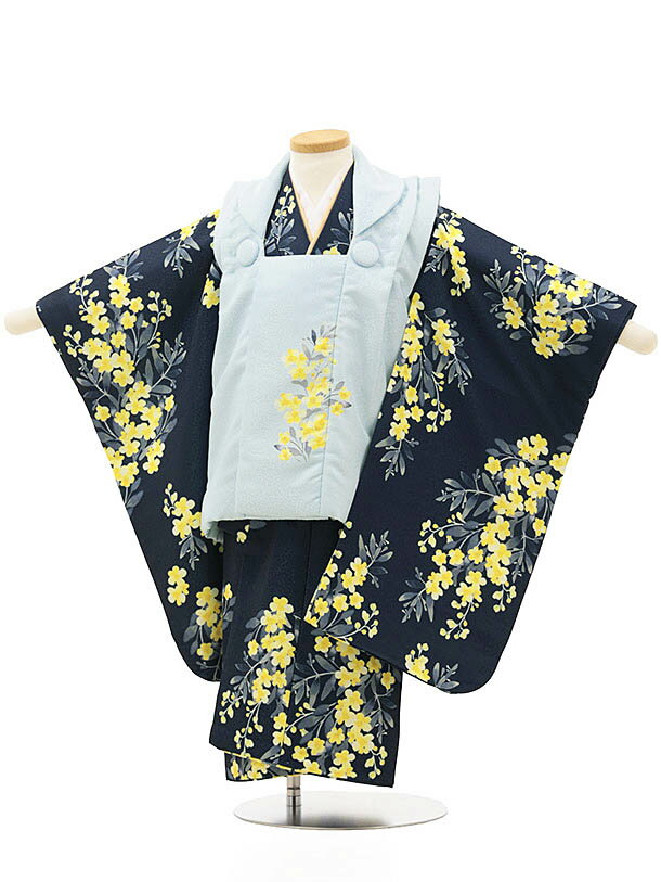 七五三(3歳女児被布) 3167 水色ミモザ×紺地 ミモザ レンタル 3歳 女児 被布 七五三 753 着物 三 女の子 着物 お祝い着 3才 きものレンタル ...