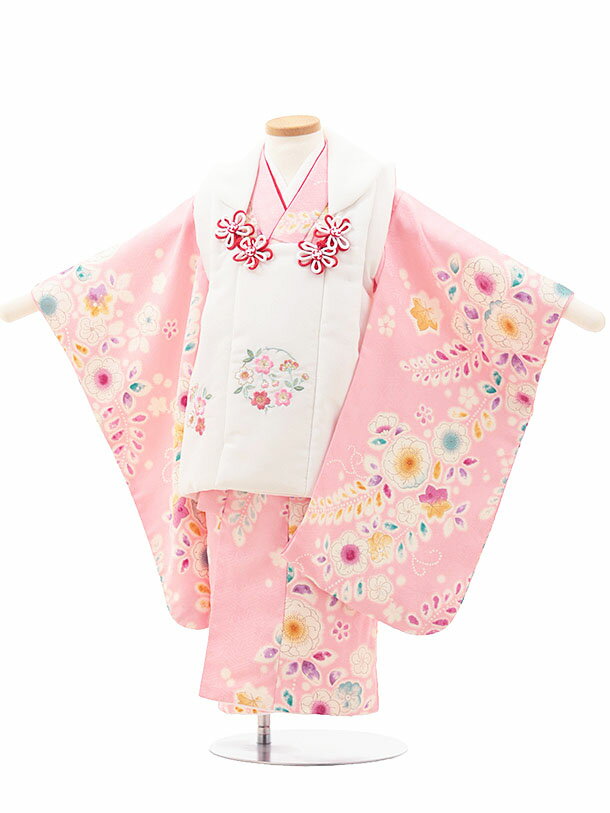 七五三 着物 3歳 レンタル 女の子 七五三3歳女児被布 3176白 刺繍 桜×ピンク 花 レンタル 3歳 女児 被布 七五三 753 着物 三 女の子 着物 ...