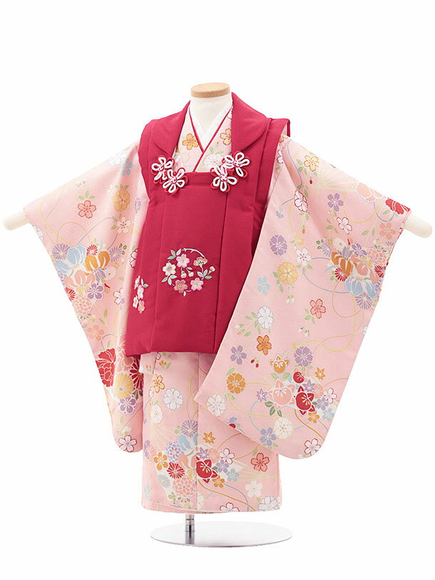 七五三 着物 3歳 レンタル 女の子 七五三3歳女児被布 3177 赤 刺繍 桜×ピンク 扇と桜 橘 レンタル 3歳 女児 被布 七五三 753 着物 三 女の...