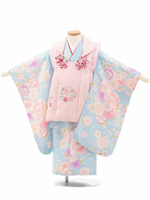 七五三 着物 3歳 レンタル 女の子 七五三3歳女児被布 3178 ピンク 刺繍 桜×水色 菊 桜 ぼたん レンタル 3歳 女児 被布 七五三 753 着物 女...