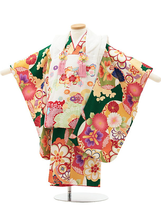 七五三 着物 3歳 レンタル 女の子 七五三 3歳 女児 被布 3182 白 桜×緑地 八重桜 菊 レンタル 3歳 女の子 被布 七五三 753 着物 女の子 ...