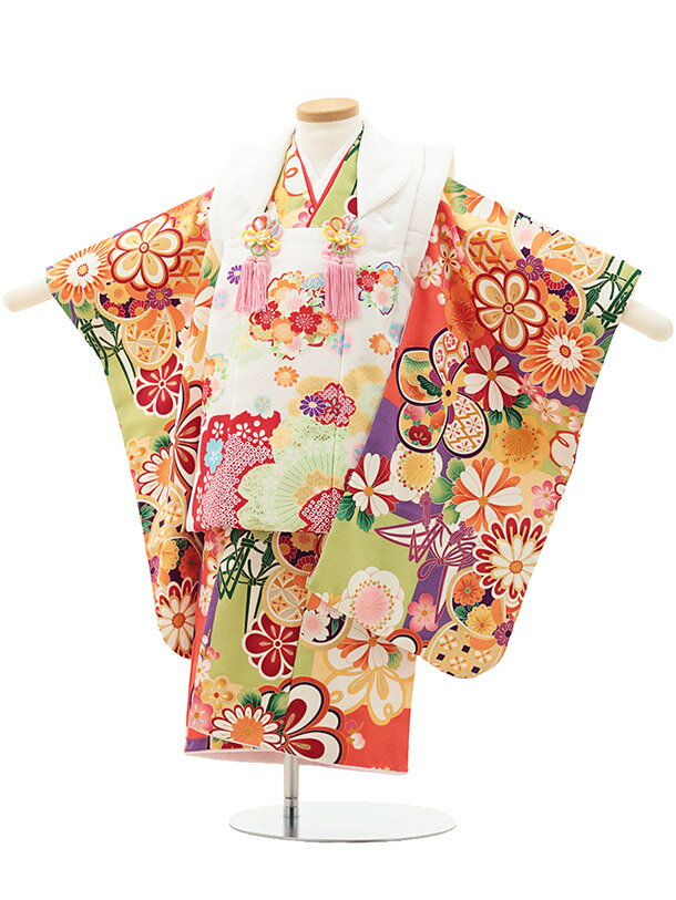 七五三 着物 3歳 レンタル 女の子 七五三 3歳 被布 3192 白 桜×黄緑地 古典柄 レンタル 3歳 女の子 被布 七五三 753 着物 女の子 着物 お...