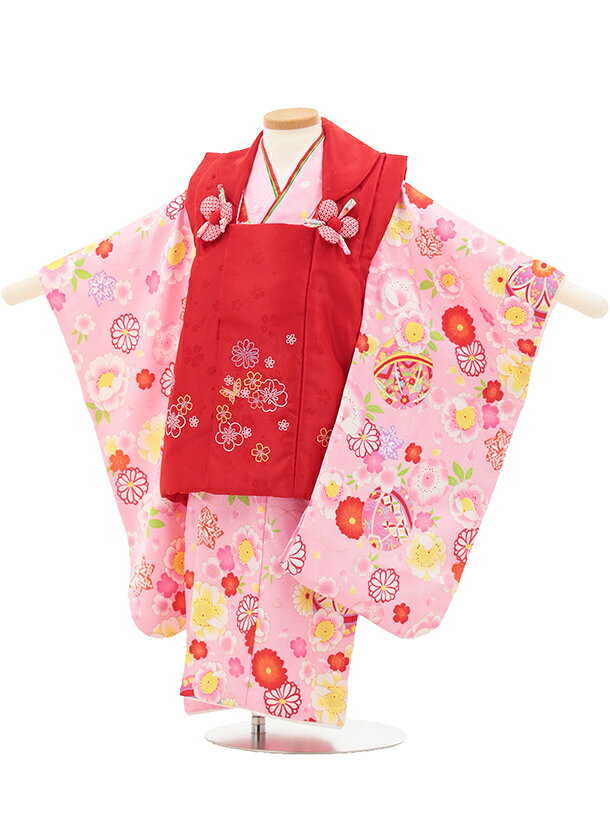 七五三 着物 3歳 レンタル 女の子 七五三 3歳 被布 3200 赤 蝶 花×ピンク花 鞠 レンタル 3歳 女の子 被布 七五三 753 着物 女の子 着物 ...