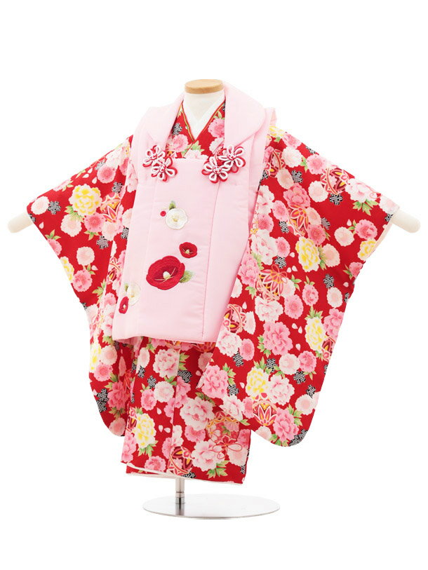 七五三 着物 3歳 レンタル 女の子 七五三 3歳 被布 3217 ピンク 椿×赤地 桜 鞠 菊 レンタル 3歳 女の子 被布 七五三 753 着物 女の子 着...