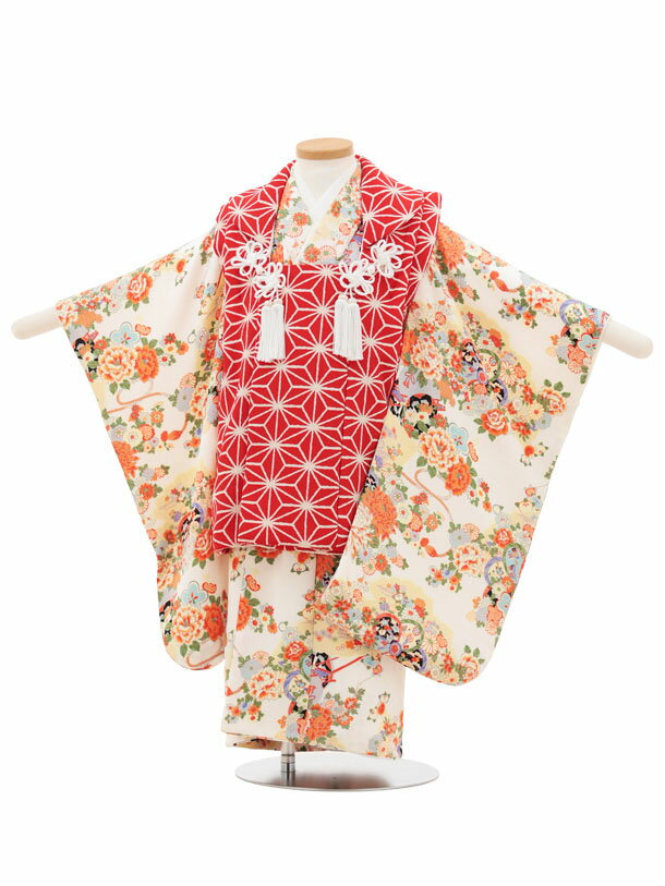 七五三 着物 3歳 レンタル 女の子 七五三 3歳 被布 3228 赤 麻の葉×白 ちりめん 花車 レンタル 3歳 女の子 被布 七五三 753 着物 女の子 ...