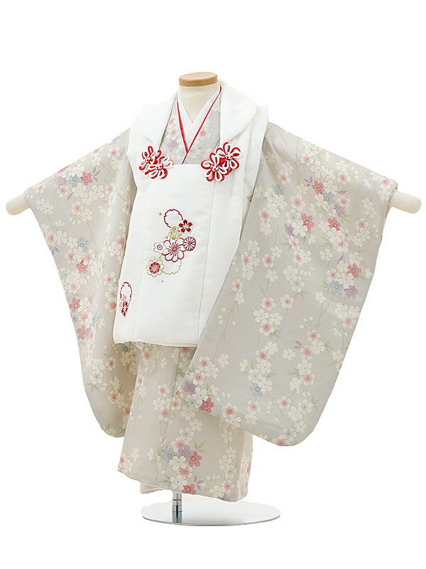 七五着物 3歳 女の子 被布 セット 3歳の着物レンタル(女の子)A31X 白梅×薄グレー地 桜レンタル 3歳 女児 被布 七五三 753 着物 三 女の子 着...