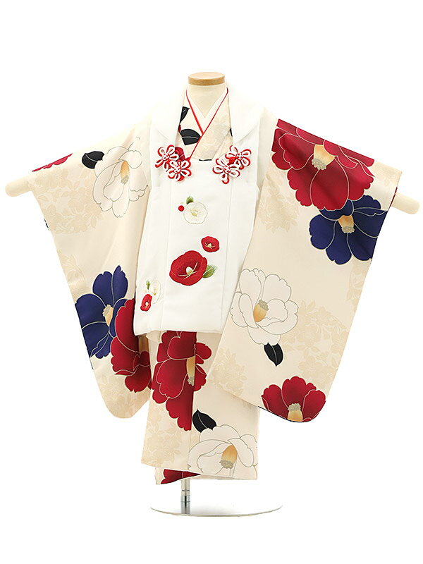 七五三(3才女)A32A 白 刺繍椿×ライトベージュ 地 椿レンタル 3歳 女児 被布 七五三 753 着物 三 女の子 着物 お祝い着 3才 きものレンタル ...