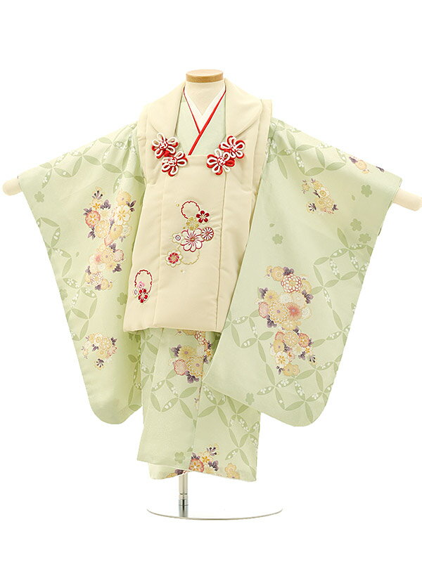 七五三(3才女)A32B ライトベージュ×薄グリーン地七宝レンタル 3歳 女児 被布 七五三 753 着物 三 女の子 着物 お祝い着 3才 きものレンタル お...