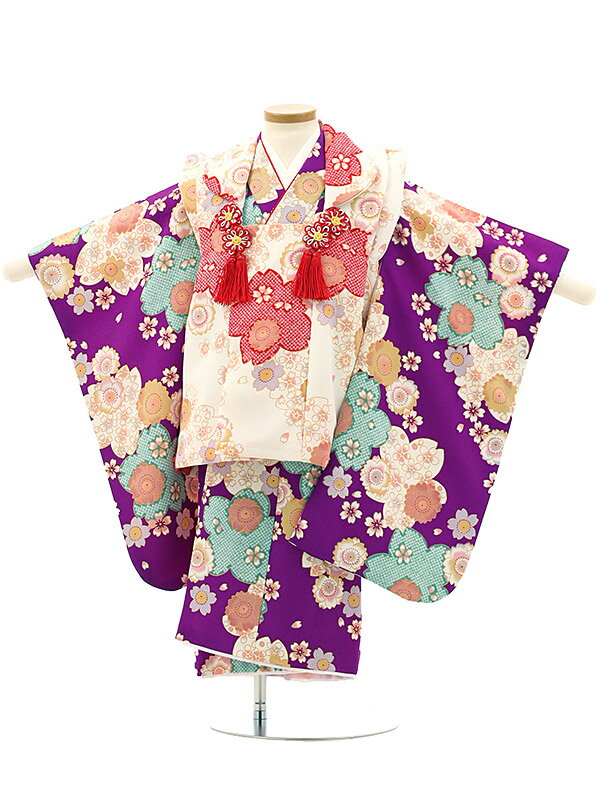 七五三(3才女)A32D 白 桜×紫地 桜レンタル 3歳 女児 被布 七五三 753 着物 三 女の子 着物 お祝い着 3才 きものレンタル おんなのこ 新品足...